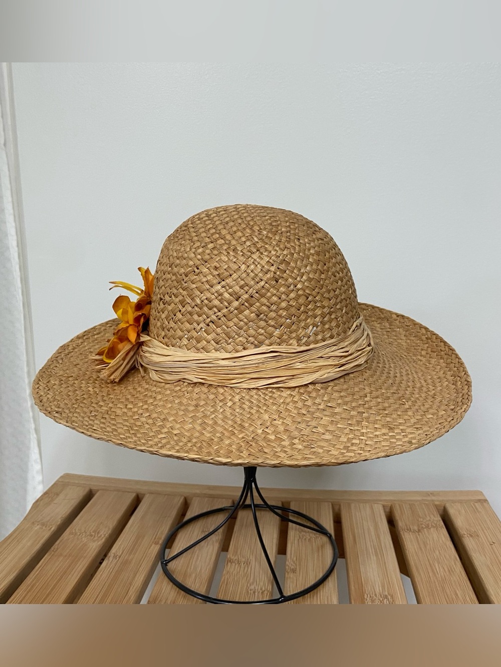 Vintage Kathy Jeanne Woven Straw Sun Hat Wide Brim Sunflower Raffia Cottagecore